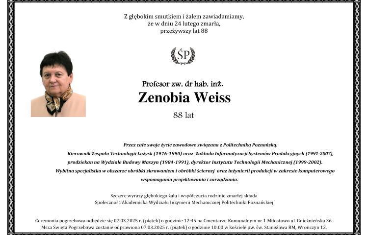 Śp. profesor zw. dr hab. inż. Zenobia Weiss