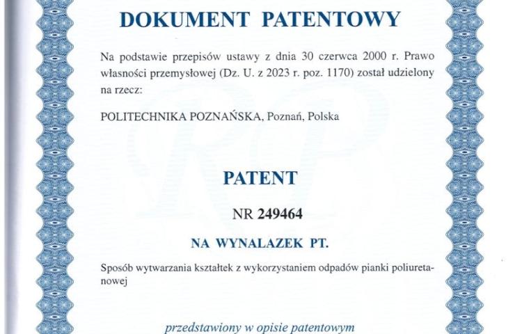 Patent na wynalazek pt. ,,Sposób wytwarzania kształtek z wykorzystaniem odpadów pianki poliuretanowej"